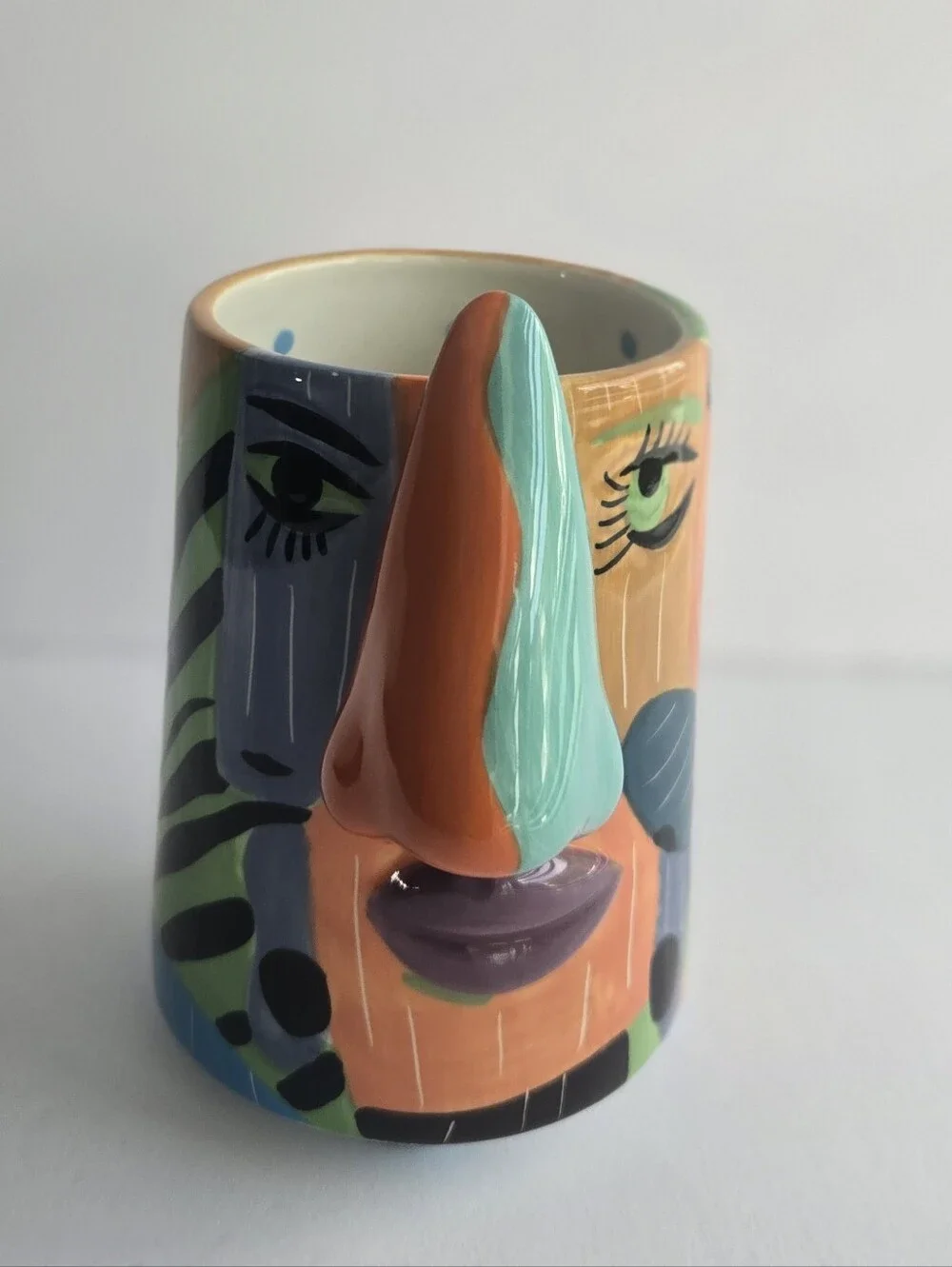 Hand-Painted Abstract Face Ceramic Mug in Orange and Teal